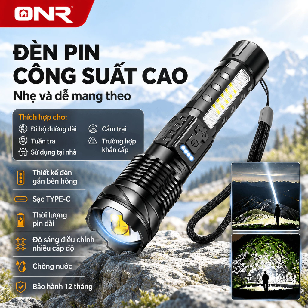 Đèn Pin Tầm Xa LED Công Suất Cao, Đèn Pin Siêu Sáng Mini Cầm Tay, 7 Chế Độ Chiếu Sáng Pin Sạc Type-C