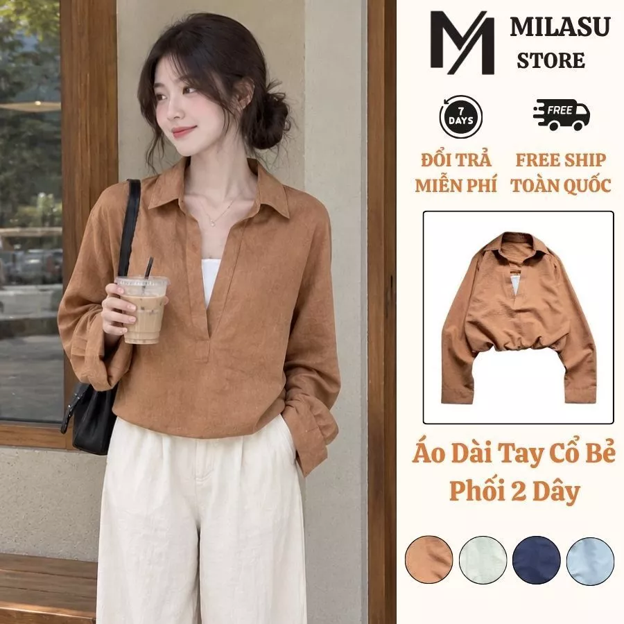 Áo Croptop Dài Tay Cổ Bẻ Phối Áo 2 Dây Trong Milasu Áo Kiểu Da Lộn Bo Chun 566