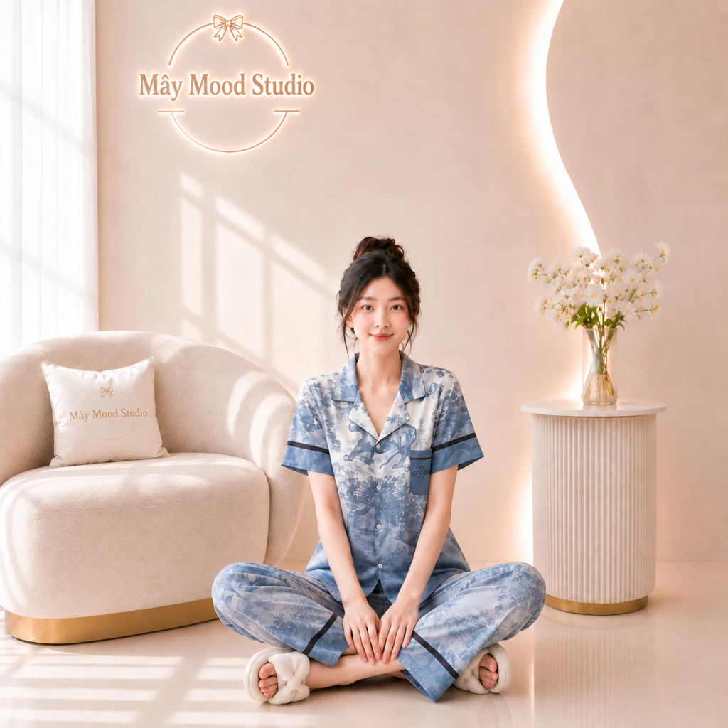 Bộ Pyjama Nữ Cộc Dài Chất Lụa Cát Mềm Mịn Họa Tiết In Hình Trái Tim Cá Tính Trẻ Trung Size 40-68kg