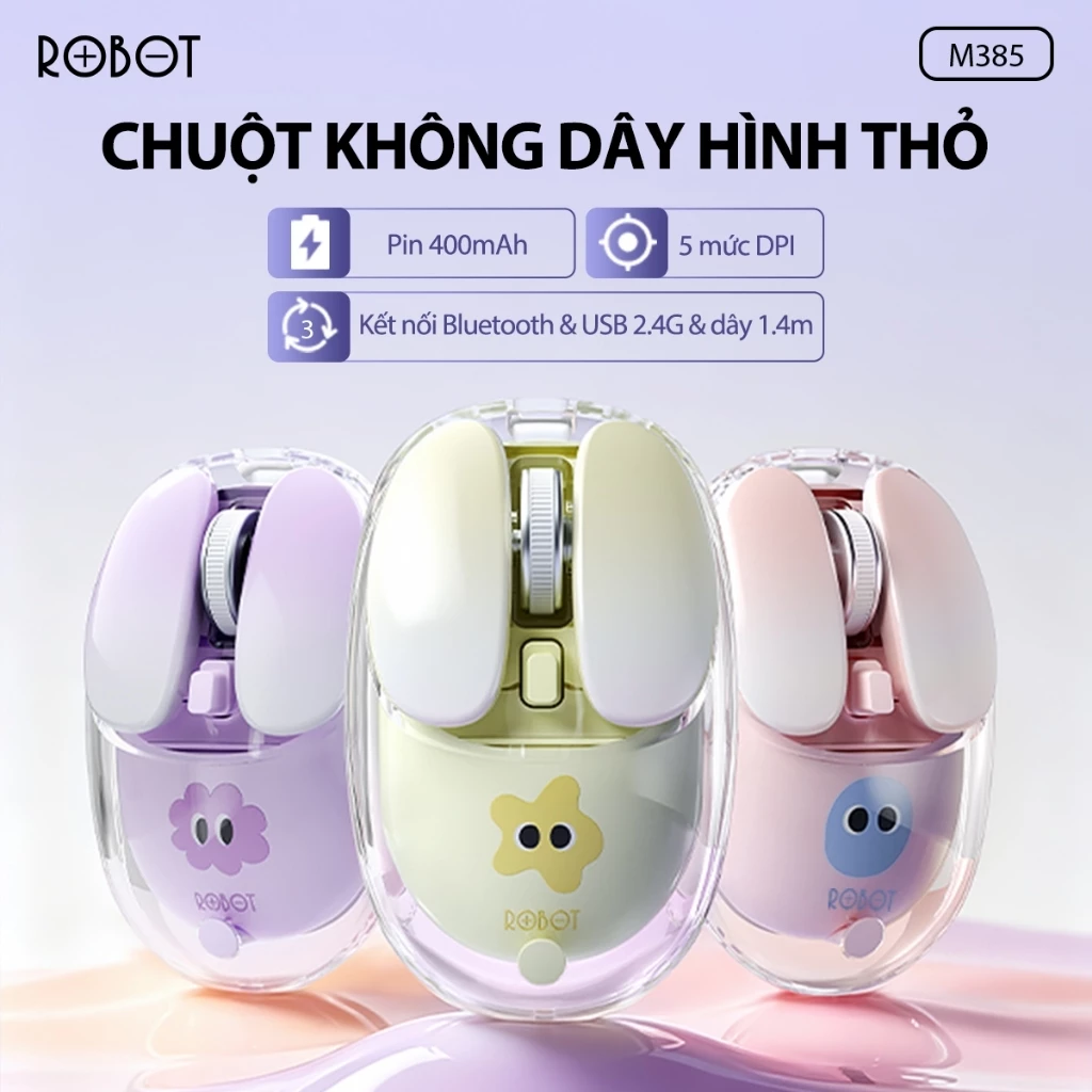 Chuột Không Dây ROBOT M385 Hình Thỏ Trong Suốt Bluetooth 2.4G Pin 400mAh Silent Click - Chuột Mini Dễ Thương