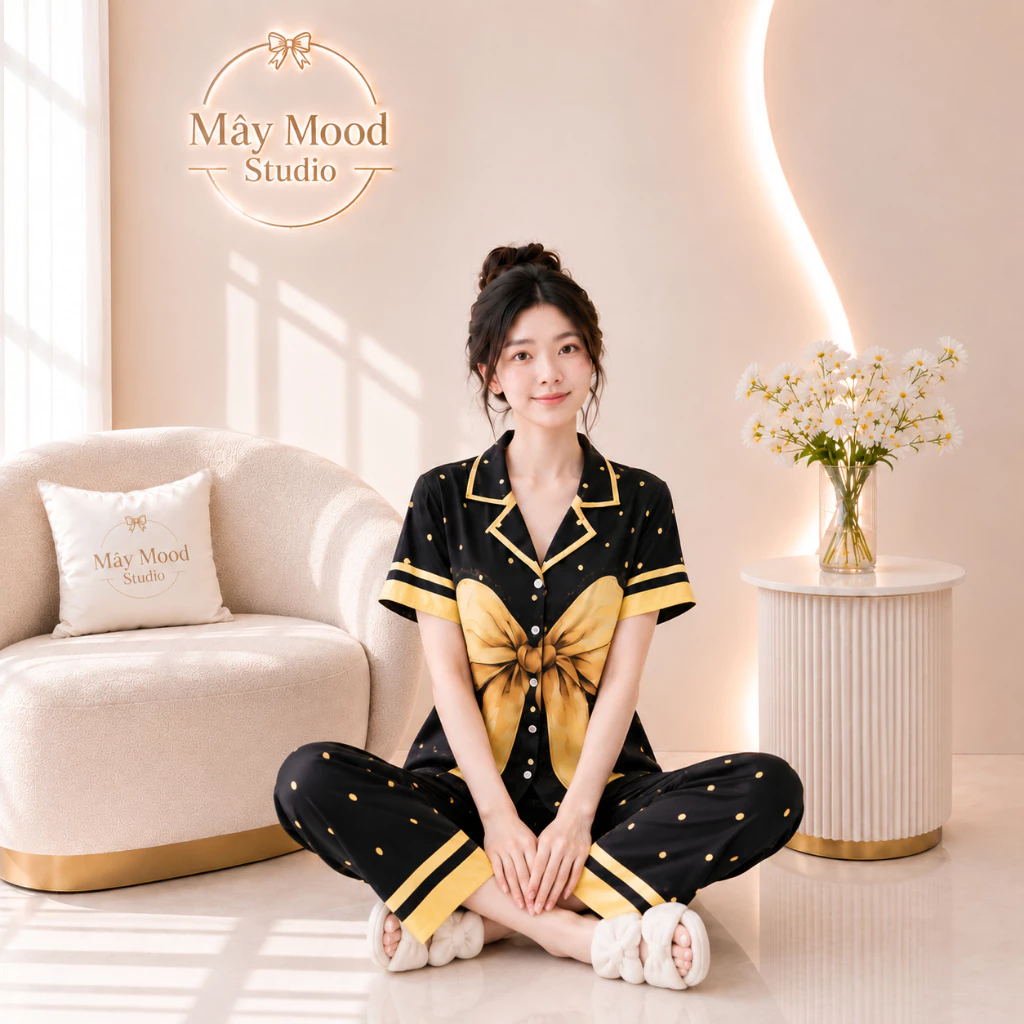 Pyjama Cộc Dài Chất Lụa Cát Mềm Mịn Họa Tiết Nơ Cá Tính Phong Cách Tiểu Thư Sang Chảnh Size 40-68kg