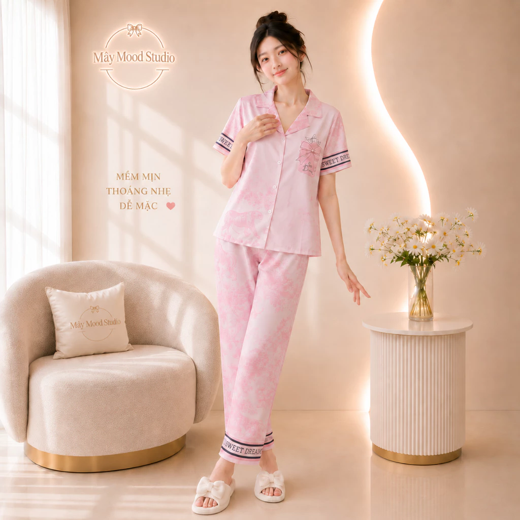 Đồ Bộ Nữ Pyjama Cộc Dài Chất Lụa Cát Mềm Mịn Màu Kem Sữa Sang Trọng Họa Tiết In Gấu Cute Sang Trọng