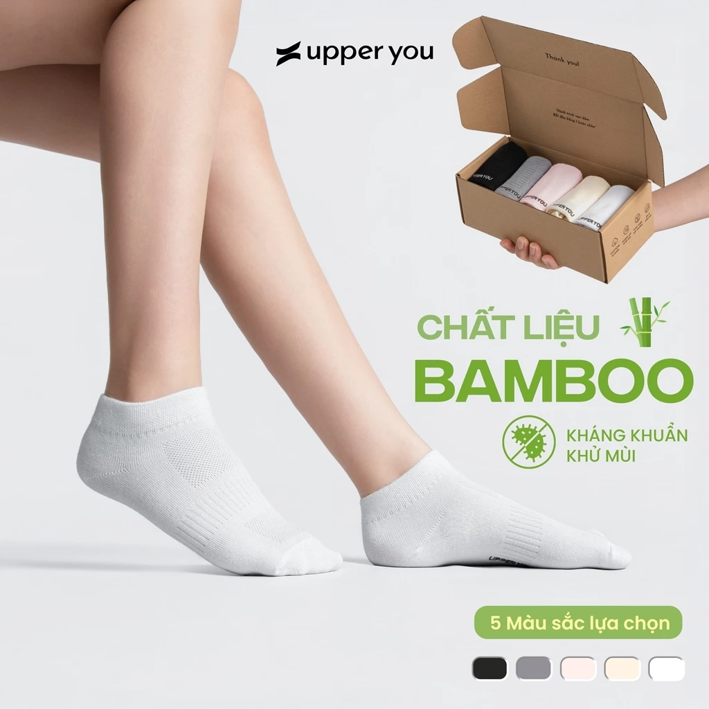 [TẶNG QUÀ ĐƠN 169K] Combo 5 Đôi Tất Vớ Bamboo Sợi Tre Cổ Ngắn UPPER YOU Kháng Khuẩn Khử Mùi Thấm Hút Mồ Hôi-BSF2004