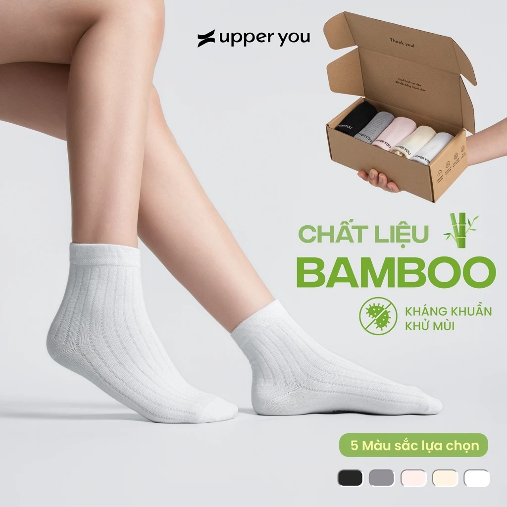 [TẶNG QUÀ ĐƠN 169K]Combo 5 đôi Tất Vớ Bamboo Sợi Tre Cổ Trung UPPER YOU Kháng Khuẩn Khử Mùi Thấm Hút Mồ Hôi-BSF3003