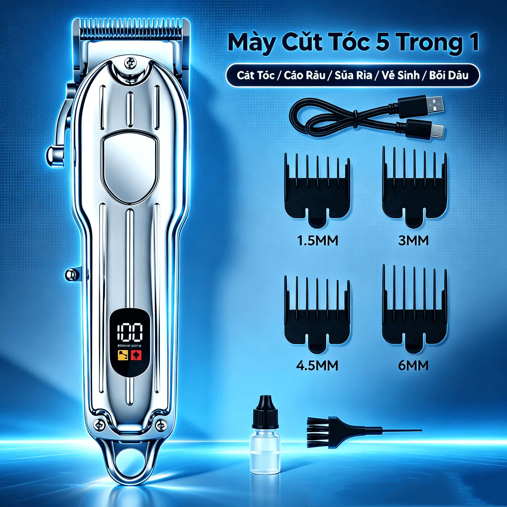 Bộ Tông Đơ Cắt Tóc 5 Trong 1 Màn Hình LED, Sạc USB, Kèm 4 Cữ 1.5-6mm Cho Gia Đình Và Salon