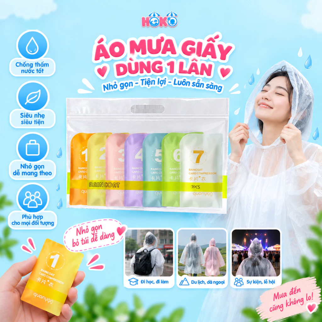 Áo mưa giấy dùng 1 lần cho người lớn HOKO có mũ chống mưa nhỏ gọn mang theo bên mình khi đi học, du lịch tiện lợi
