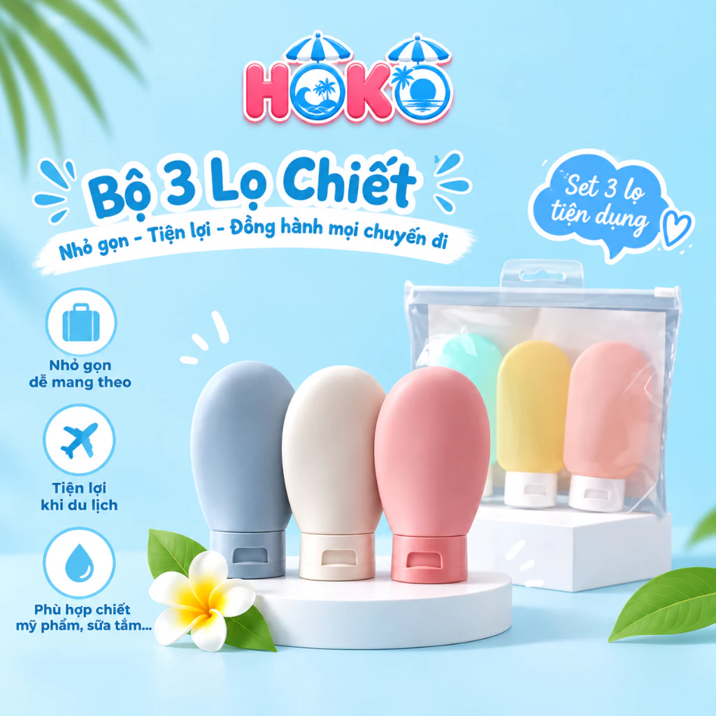 Bộ 3 lọ chiết mỹ phẩm HOKO combo chai lọ chiết dầu gội sữa tắm dung tích 60ML đi du lịch tiện lợi