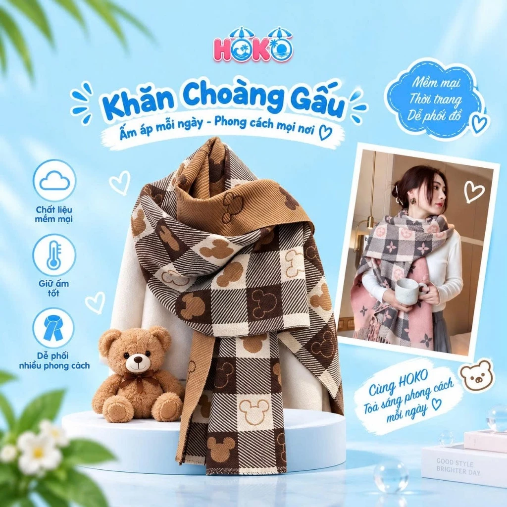 Khăn choàng kẻ sọc nữ dày tua rua ấm áp HOKO Khăn Cashmere quàng cổ đa năng