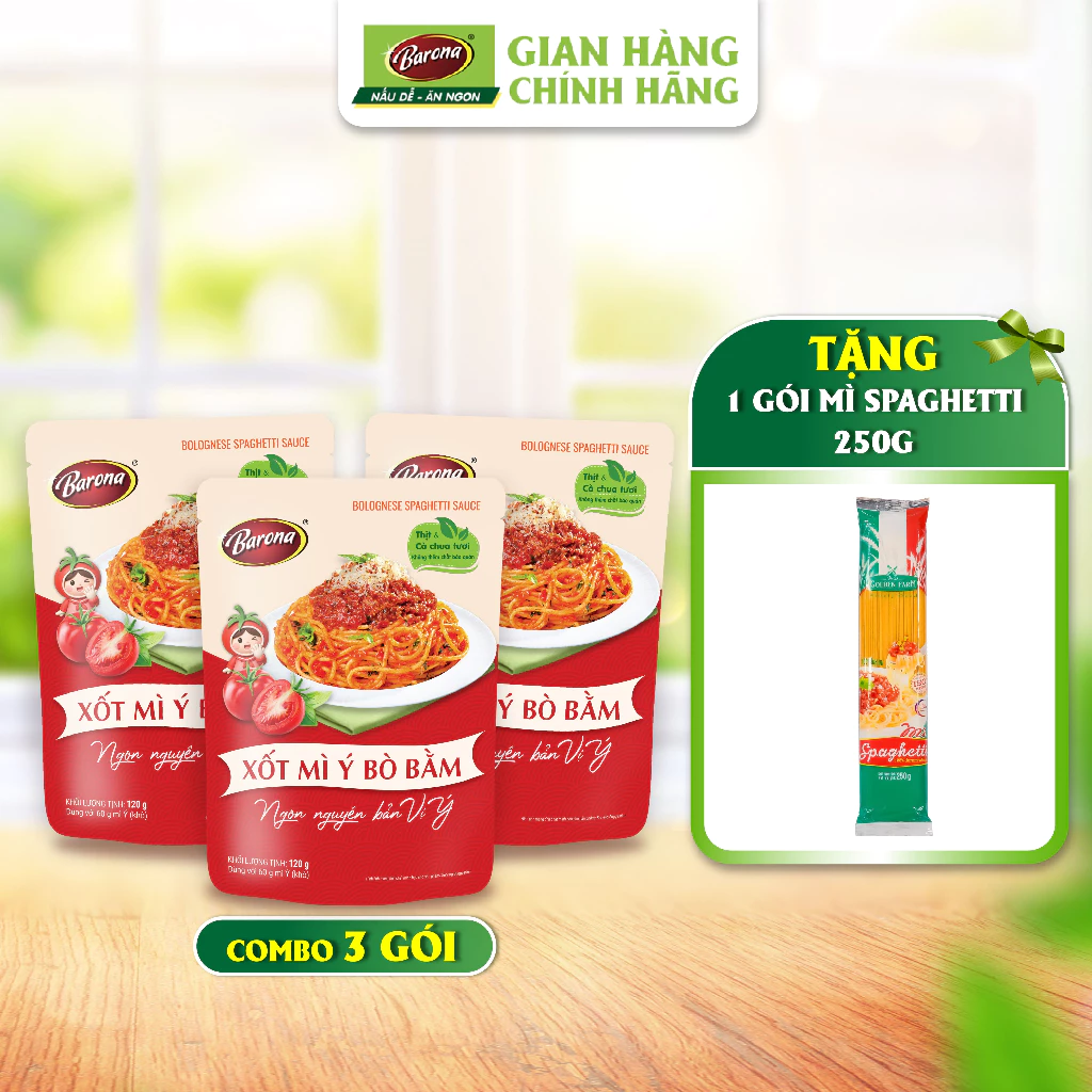Bộ 3 Gói Xốt Mỳ Ý Bò Bằm Barona 120g Tặng 1 Gói Mỳ Spaghetti 250g