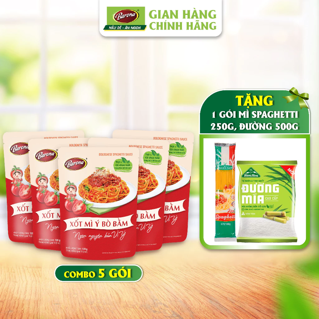 Bộ 5 Gói Xốt Mỳ Ý Bò Bằm Barona 120g + [Tặng 1 Gói Mỳ Spaghetti 250g+1 gói Đường 500g]