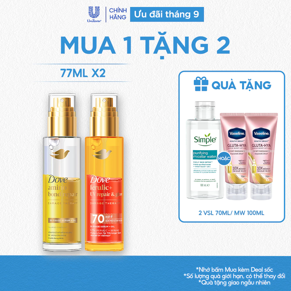 Combo 2  Serum Dove chứa 7% Amino Acid cho tóc bóng khỏe 5X/ Bảo Vệ Tóc Trước Tia UV 70H Ferulic+ Repair & Glow 77ML