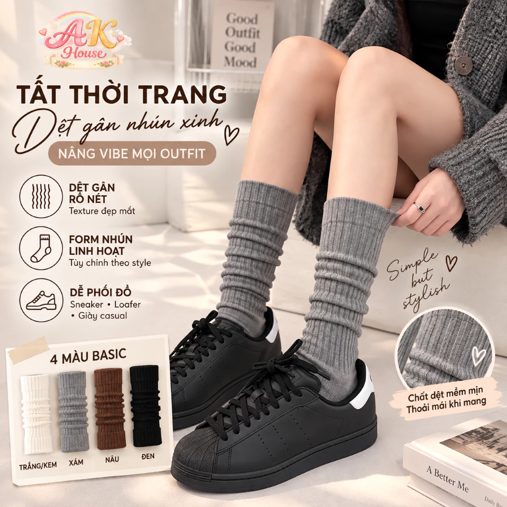 Tất nữ AK House ống dài dệt gân nhún phong cách Hàn Quốc K-Fashion TC7