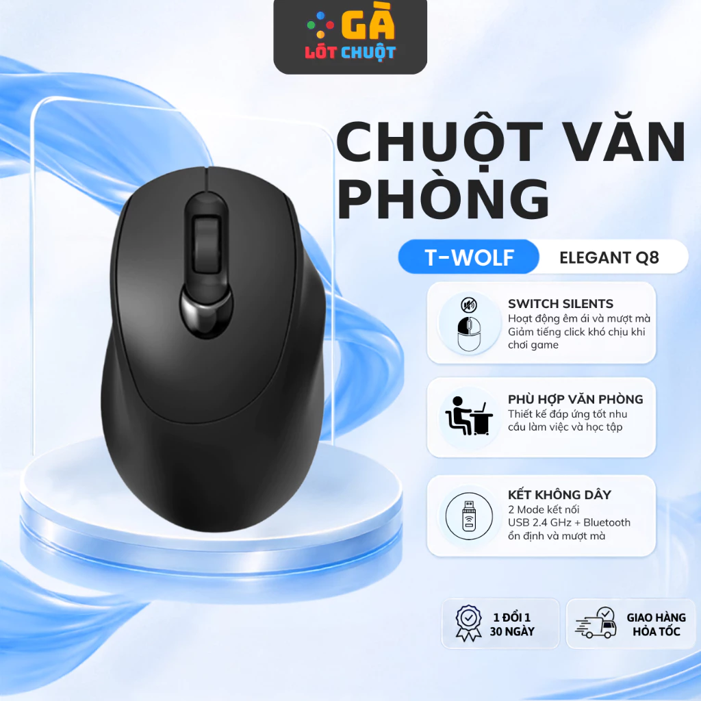 Chuột Không Dây Gaming T-WOLF Q8 – Click Chống Ồn, 3 Mức DPI, Pin Sạc, Kết Nối Đôi BT/2.4GHz