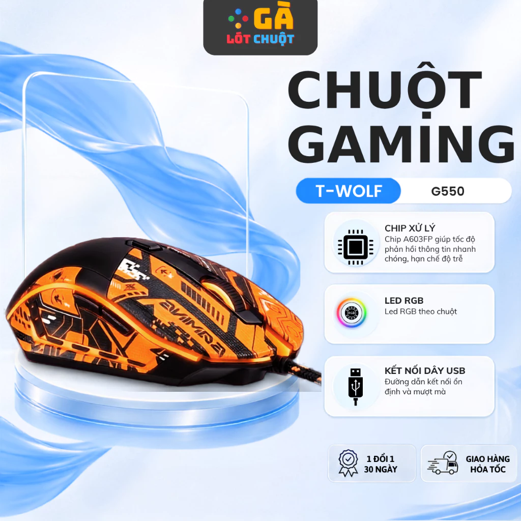 Chuột Gaming Có Dây T-WOLF G550 – LED RGB Đa Màu, DPI 7200, 6 Nút 6D Cho Game Thủ