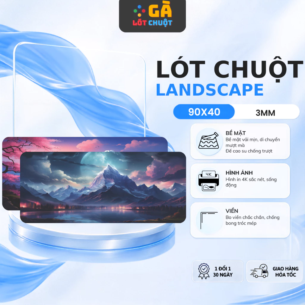 Tấm lót chuột, Lót chuột máy tính 90x40cm độ dày 3mm bo viền chắn chăn hoạ tiết phong cảnh in sắc nét