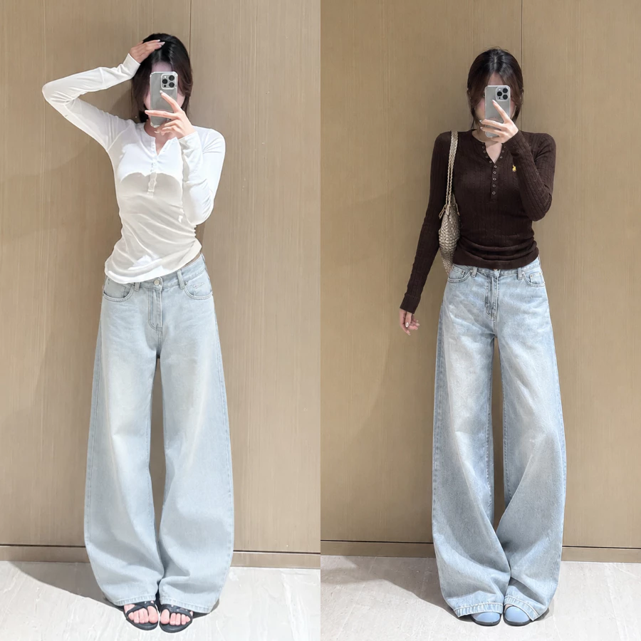 [MỚI VỀ] Quần Jean Cạp Cao Ống Rộng Suông 28cm Màu Blue White, Quần Bò Nữ Denim Cạp Cao Size Nấm Lùn