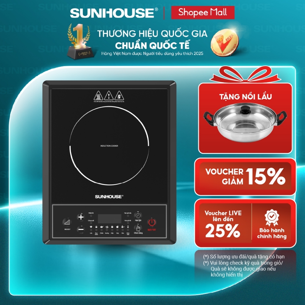 Bếp từ đơn Sunhouse SHD6154 - Công suất 2000W - 8 chế độ nấu - 10 mức nhiệt…