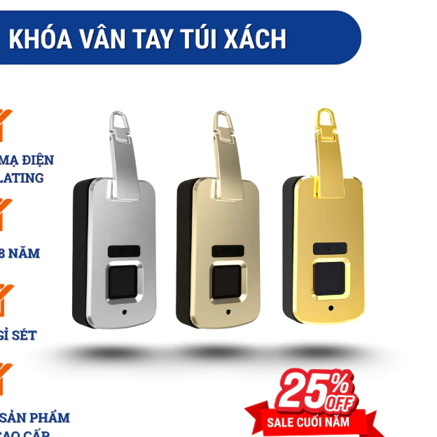 Khóa vân tay túi xách cao cấp chống trộm công nghệ mạ điện Electroplating độ bền 5-8 năm