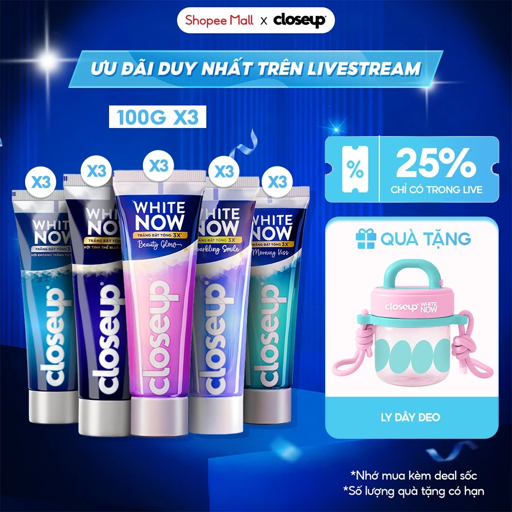 [LIVE] Combo 3 kem đánh răng CLOSEUP White Now - Trắng Bật Tông 3X tức thì từ Công nghệ Ánh Sáng Xanh 100g