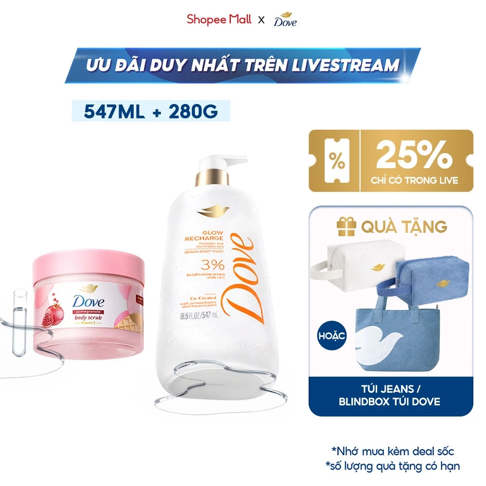 [LIVE] Combo Sữa tắm Dove Serum Dưỡng da chuyên sâu 547ml + Tẩy Tế Bào Chết Body Dove 280g