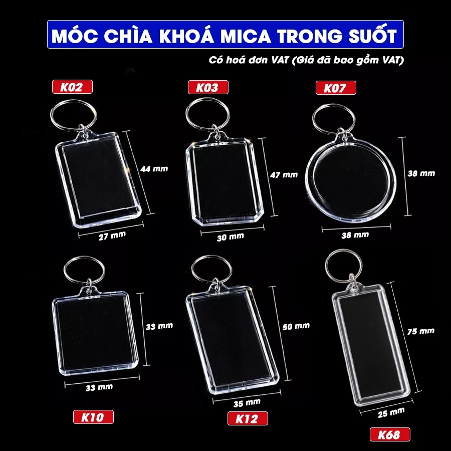 (Có hoá đơn VAT) Móc chìa khoá mica trong suốt, Phôi móc khoá mica đa dạng kích thước - Sỉ/ Lẻ toàn quốc