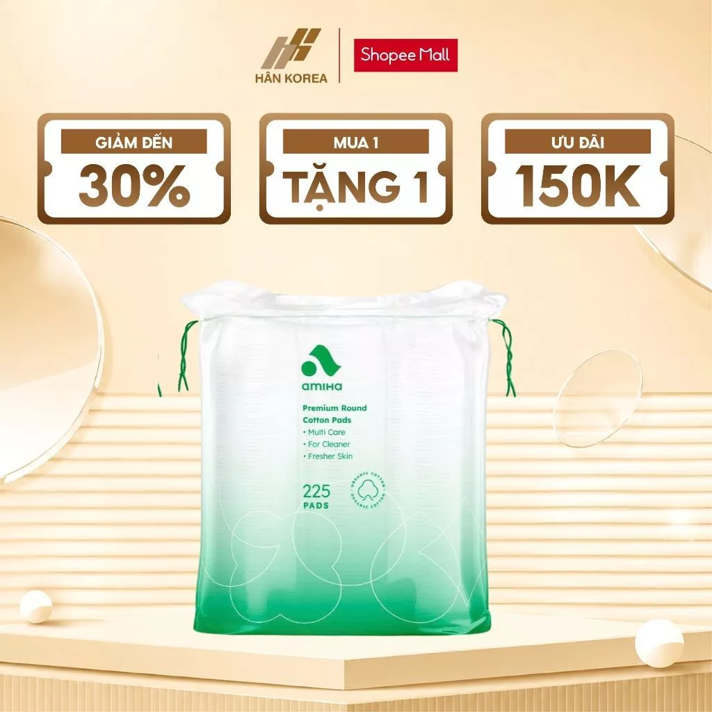 Bông Tẩy Trang AMIHA 225 Miếng 100% Cotton, Mềm Mịn, Không Xơ Bông, Thấm Hút Tốt – C43
