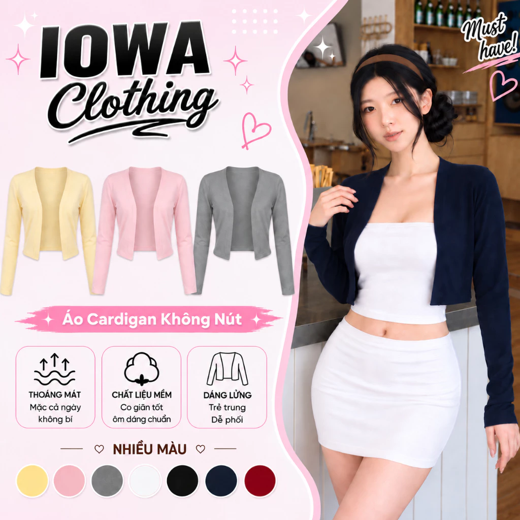 [MỞ BÁN] Áo Khoác Cardigan Không Cúc IOWA CAR02 Nữ - Dáng Vừa, Vải Borip Lụa Mịn, Mềm Mại, Thoáng Mát, Co Giãn Êm Ái