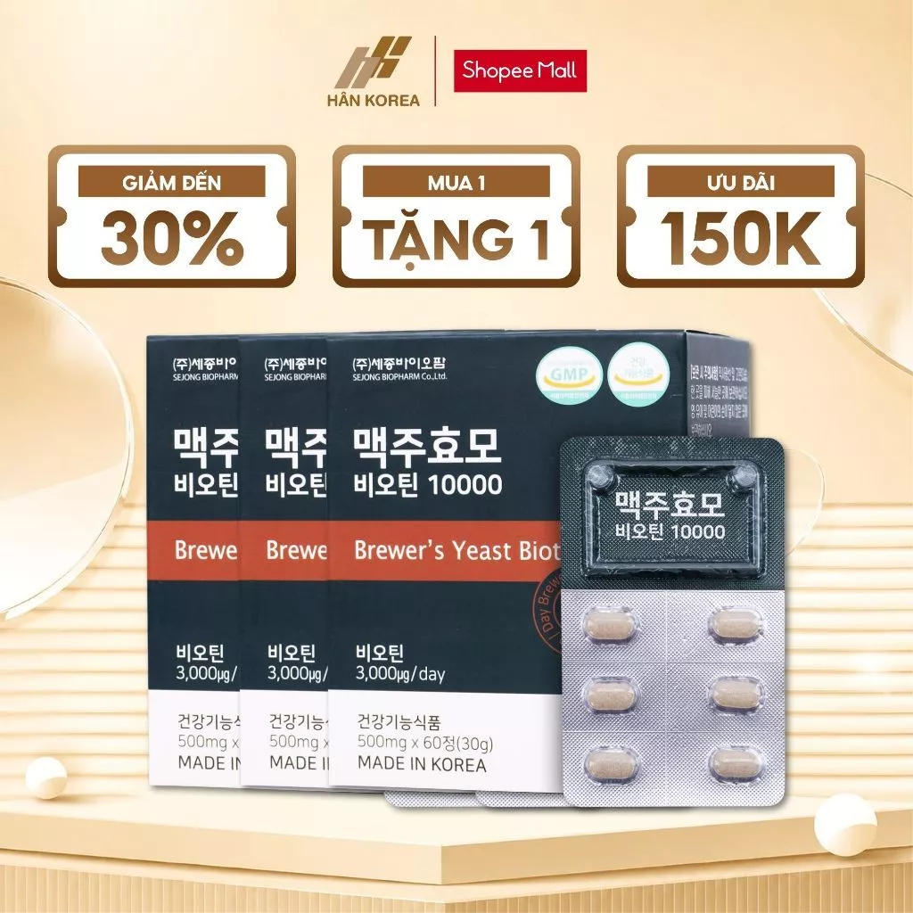 Combo 2 Hộp Biotin Men Bia Khô Giảm Rụng Tóc 60 Viên, Viên Uống Mọc Tóc Chắc Khỏe - B14
