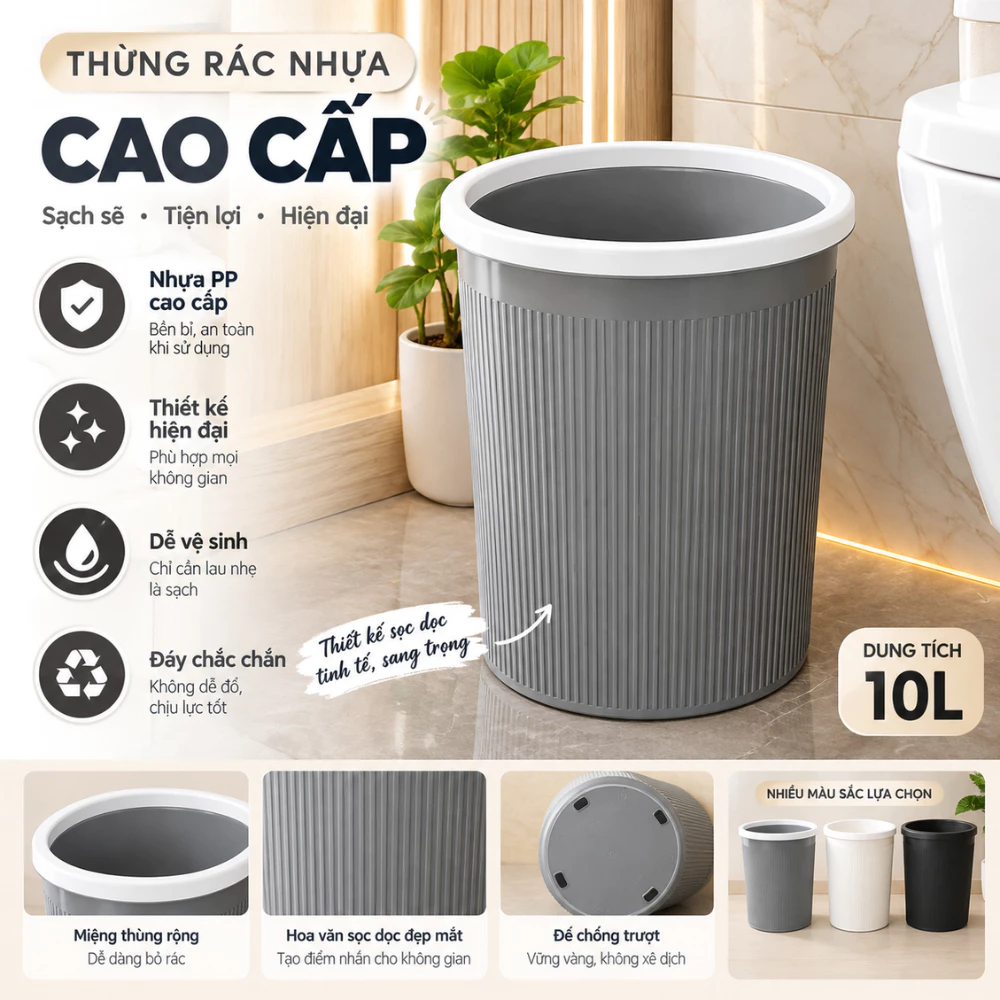 Thùng Rác Nhựa Có Vành Ép Giữ Túi Dollyhouse, Nhựa PP Cao Cấp, Thùng Rác Văn Phòng Phòng Tắm Phòng Ngủ