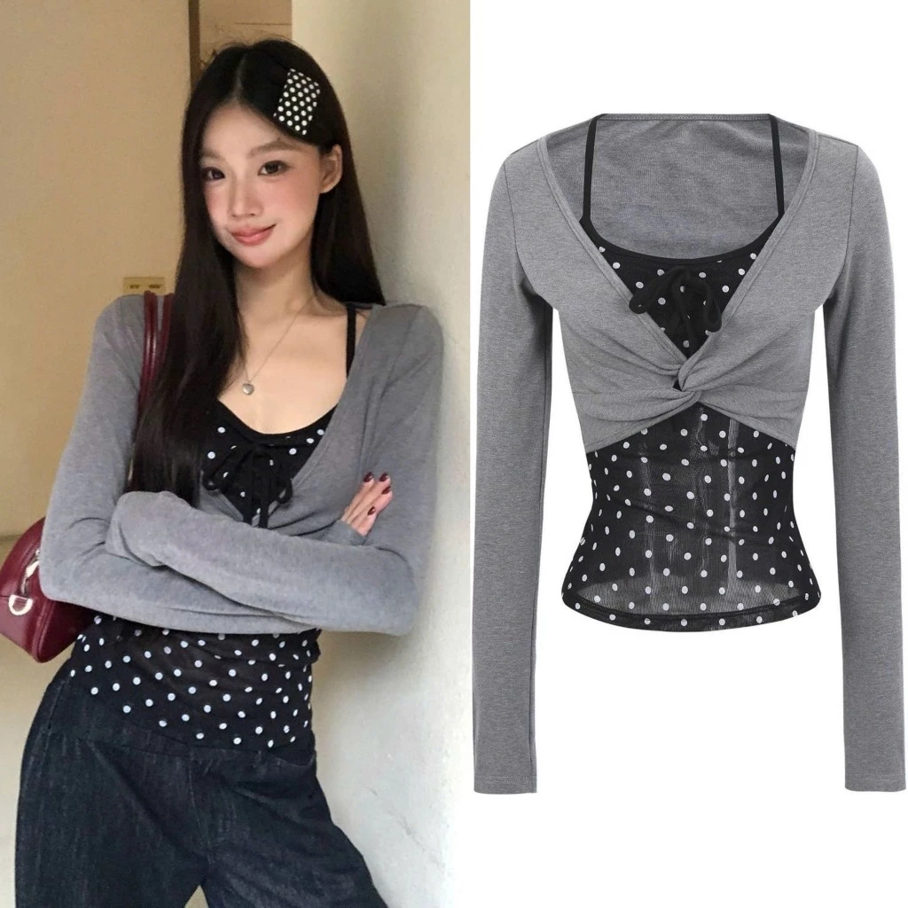 Áo cardigan croptop phối áo hai dây chấm bi phong cách Y2K nữ tính vintage - TikTik