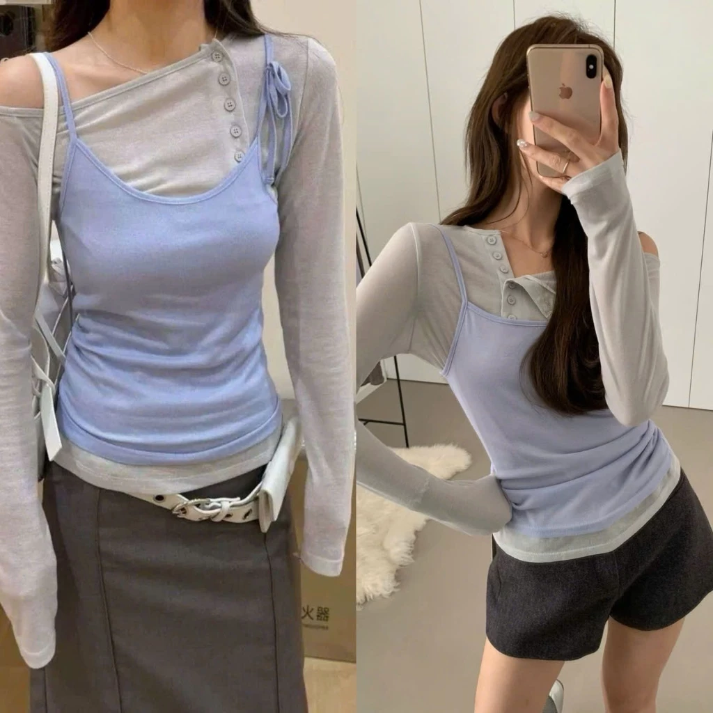 Set áo thun dài tay và áo hai dây mặc được nhiều kiếu phối khuy cài - TikTik