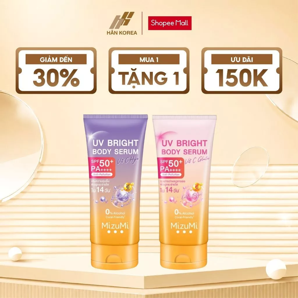 Sữa Dưỡng Thể Chống Nắng Mizumi UV Bright Serum Vit C HYA/GLUTA, Kem Chống Nắng Body 180ml & 120ml