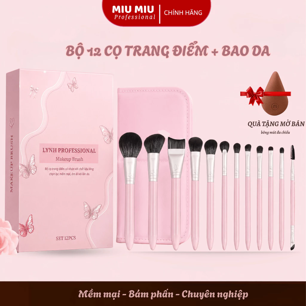Bộ 12 Cọ Trang Điểm Cá Nhân LYNH BEAUTY PINK Kèm Bao Da Cao Cấp