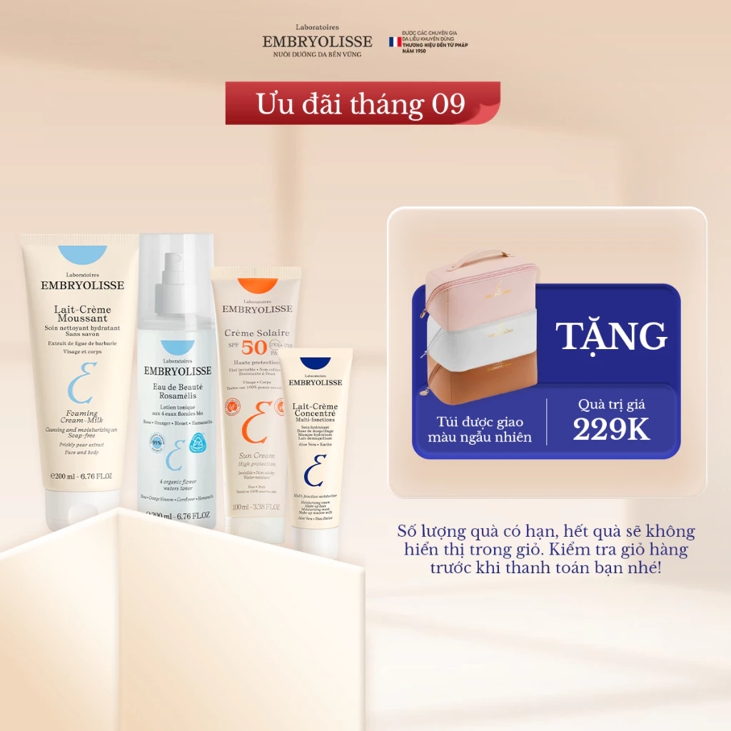 Bộ 4 bước chăm sóc da cơ bản (Sữa rửa mặt 200ml, Xịt dưỡng 200ml, Kem dưỡng ẩm 30ml, Kem chống nắng 100ml) Embryolisse