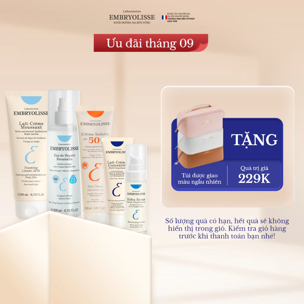Bộ 5 bước chăm sóc da chuyên sâu (Sữa rửa mặt 200ml, Xịt dưỡng 200ml, Serum 30ml, Kem dưỡng 30ml, KCN 100ml) Embryolisse