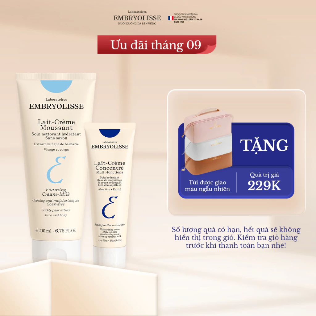 Combo Chăm Da Siêu Tối Giản Unisex Embryolisse Sữa Rửa Mặt 200ml và Kem Dưỡng Ẩm 30ml