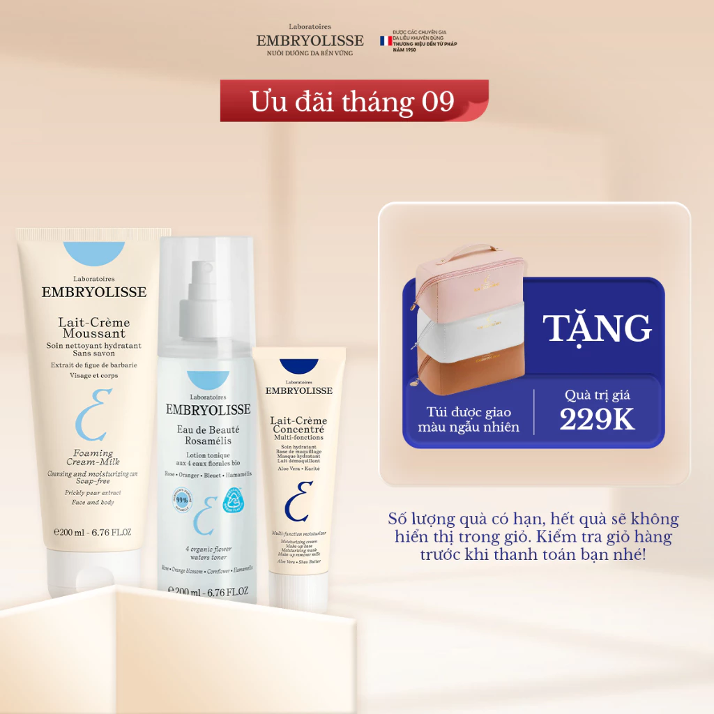 Bộ 3 bước chăm sóc da cơ bản (Sữa rửa mặt 200ml, Xịt dưỡng 200ml, Kem dưỡng ẩm 30ml) Embryolisse