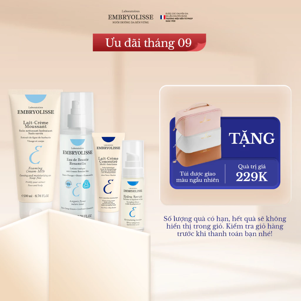 Bộ 4 bước dưỡng da chuyên sâu (Sữa rửa mặt 200ml, Xịt dưỡng 200ml, Serum 30ml[DATE 2/2029], Kem dưỡng 30ml) Embryolisse