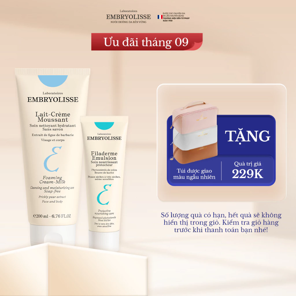 Combo làm sạch và dưỡng ẩm mùa hè dành cho mọi loại da Embryolisse - Sữa rửa mặt 200ml và Kem dưỡng Filaderme