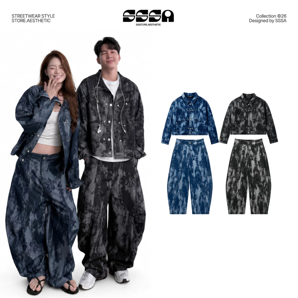 Áo Khoác Jean Boxy Quần Jeans Loang Ống Cong Unisex Nam Nữ Tôn Dáng Đứng Form SSSTORE.Aesthetic - J11