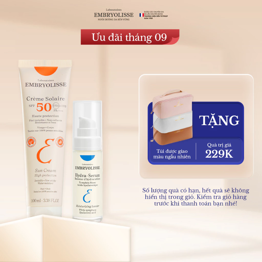 Bộ Đôi Chống nắng và Dưỡng Ẩm Sâu Đa Tầng Embryolisse Crème Solaire 100ml và Hydra-Serum [DATE 2/2029] 30ml