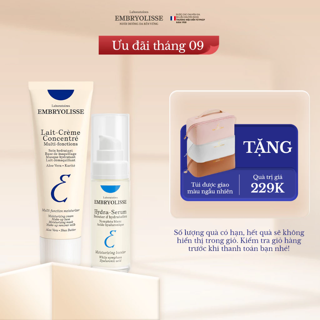 Bộ đôi Serum [DATE 2/2029] Double HA 30ml và Kem dưỡng ẩm siêu phục hồi Embryolisse (30-75ml)