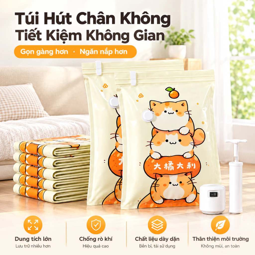 HELLO SHOP Túi Hút Chân Không-Túi nén Đựng Chăn Mền Quần Áo Gấu Bông Giúp Tủ Quần Áo Gọn Gàng