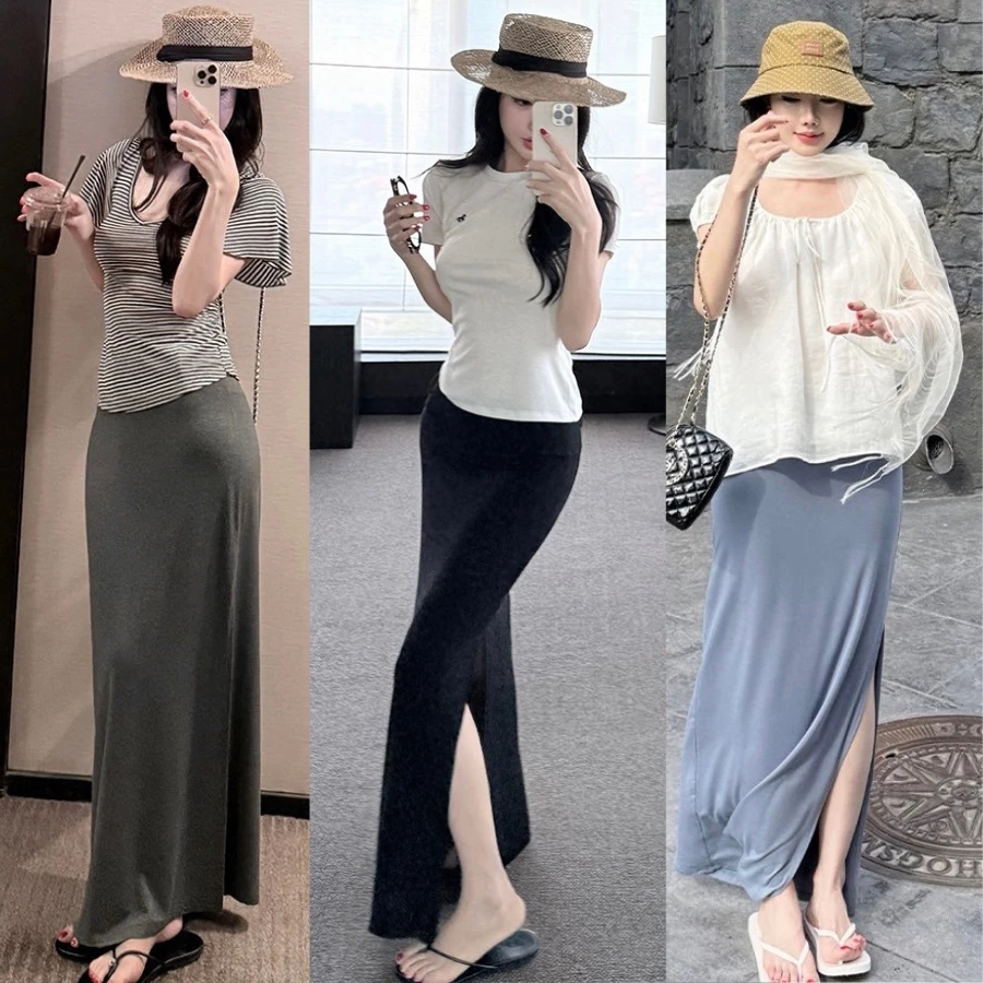 WGWE Studio - Chân Váy Thun Midi Dáng Dài - Chân Váy Chữ A Xẻ Vạt Lưng Cao Tôn Dáng 10910