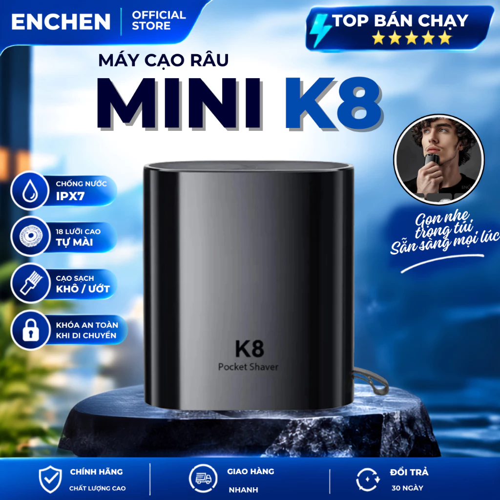 Máy cạo râu mini Cao cấp Enchen K8, Chống nước toàn thân IP7X, Đầu cạo 3D tự mài, Pin sạc Type C