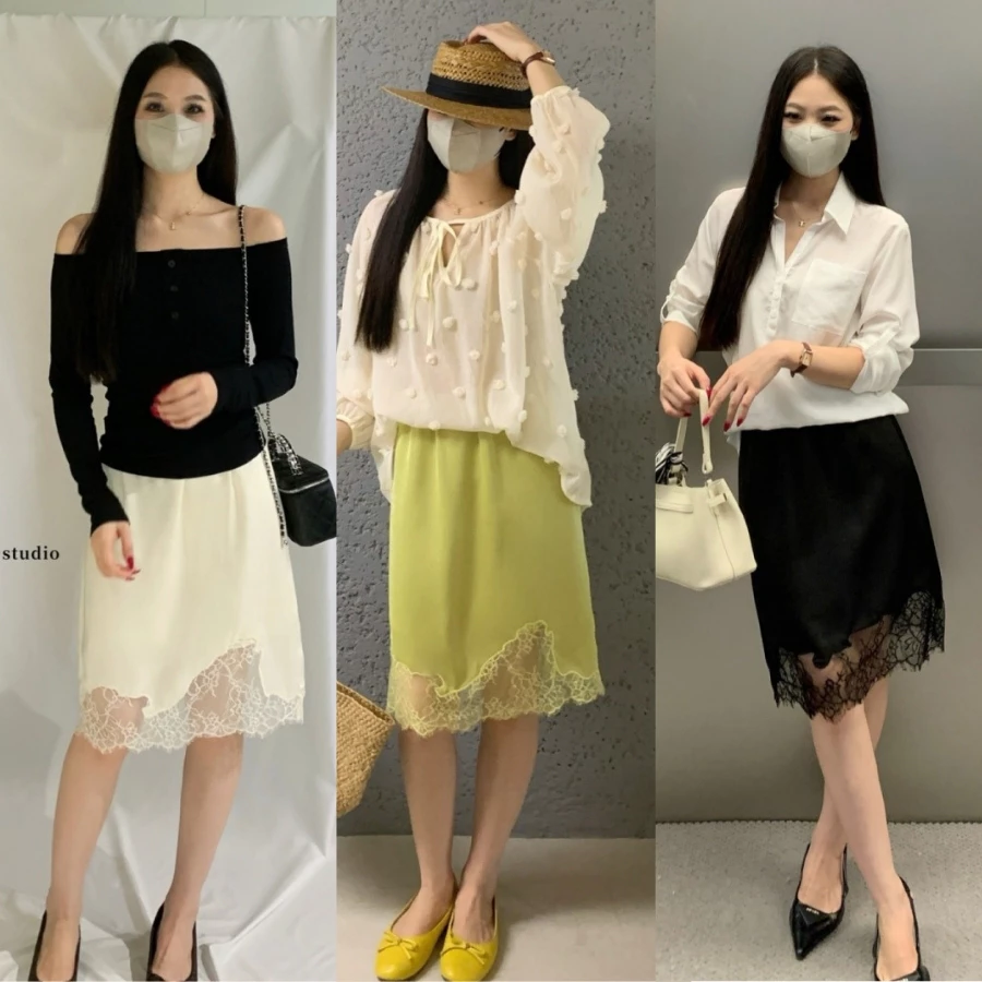 WGWE Studio - Chân Váy Lụa Gân Phối Ren Dáng Lững Chữ A Lưng Chun Thanh Lịch 10709