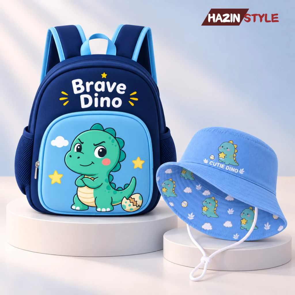 Combo Balo Mũ Trẻ Em Cho Bé Trai Bé Gái 1-3 Tuổi | Combo Bé Trai Hình Khủng Long Dino Đi Học, Đi Chơi