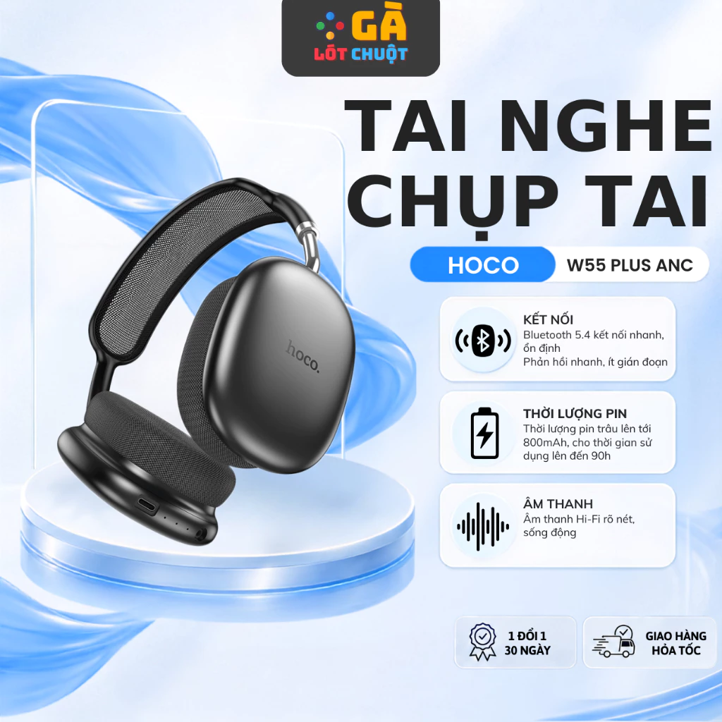 Tai Nghe Chụp Tai Bluetooth 5.4 Hoco W55 ANC Chống Ồn Chủ Động Pin 90H Mic Đàm Thoại Không Dây