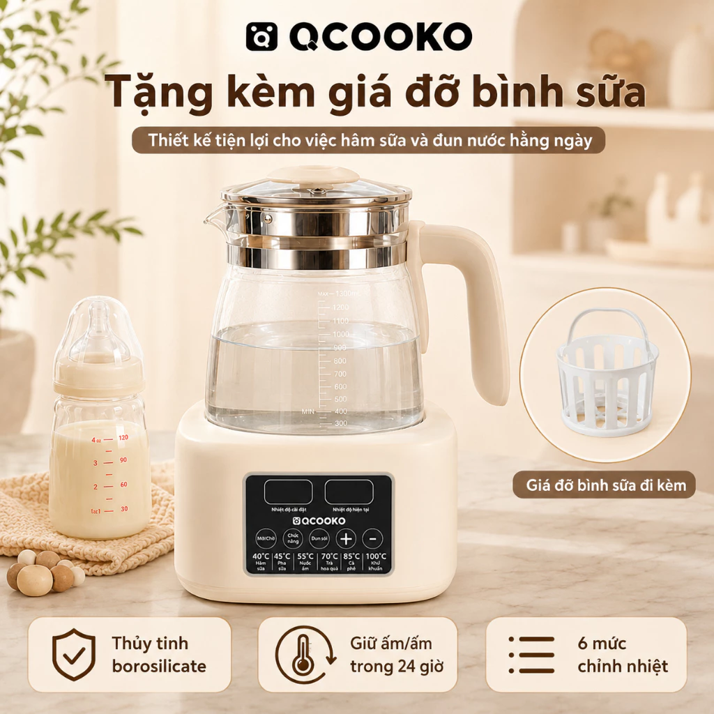 Máy hâm sữa, Bình đun nước pha sữa Qcooko QO-H13L, công suất 800W, khử Clo và tiệt trùng, bảng điều khiển tiếng Việt