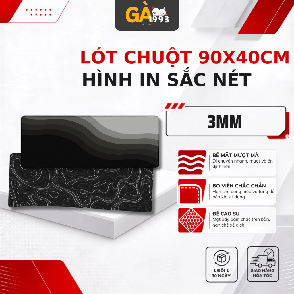Tấm lót chuột 90×40cm dày 3mm, siêu rộng, phủ toàn bộ bàn phím và chuột. Bề mặt mịn, in họa tiết sắc nét, chống trượt